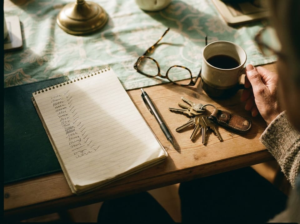 An overhead view of a notepad with handwritten ticks, a pen and coffee
