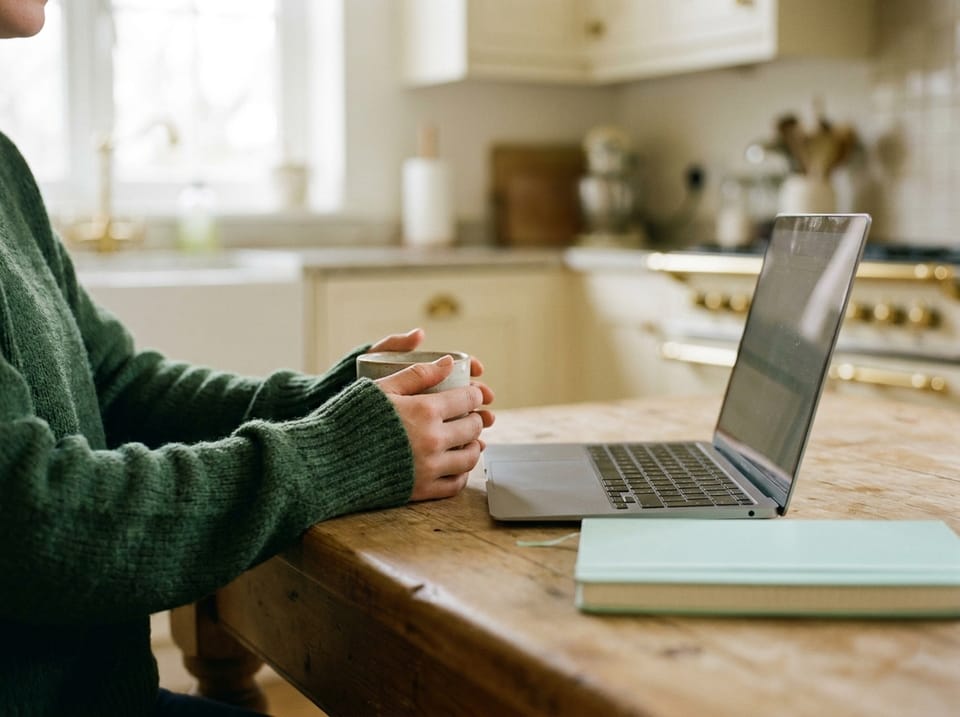 Hands cradling a warm mug beside an open laptop
