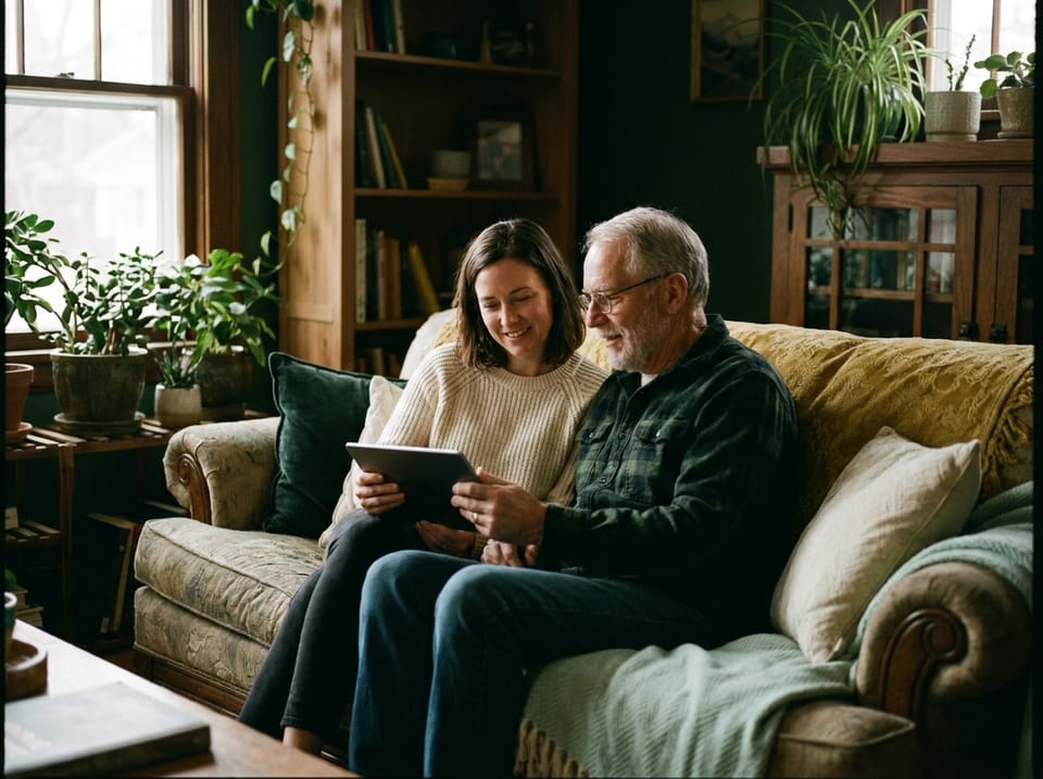 An adult daughter and her father reviewing a tablet together