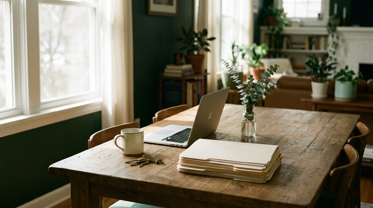 A tidy work table with folders and a laptop