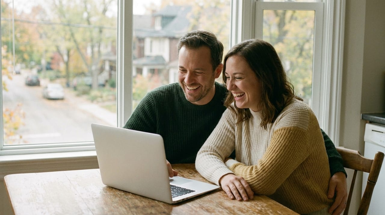 A couple sitting together at a kitchen table with a laptop open in front of them, laughing