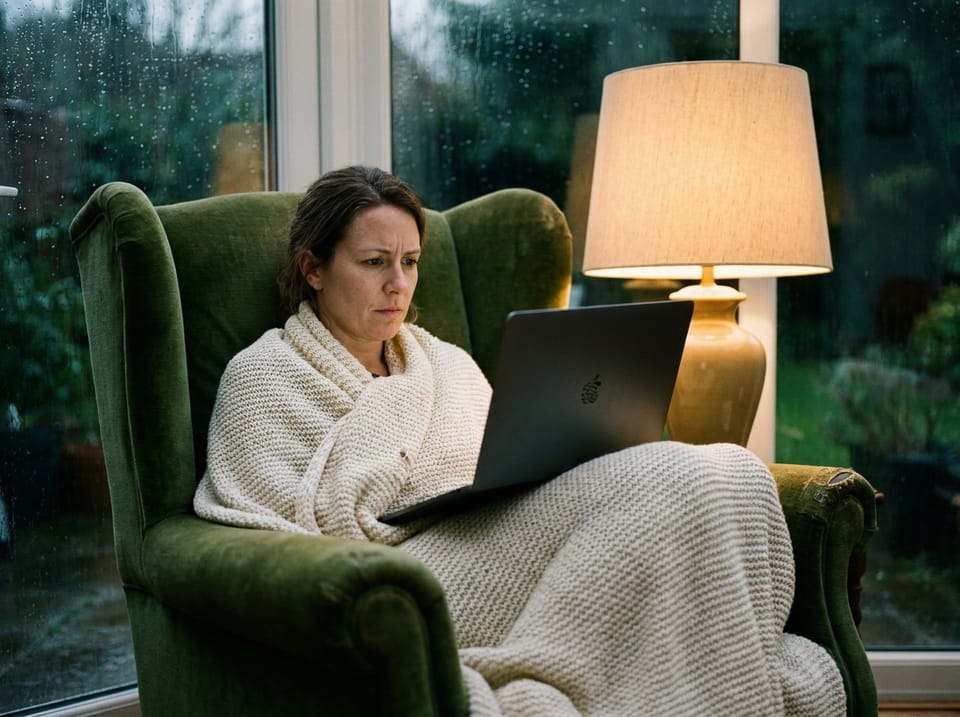 A woman reading on a laptop, curled into the corner of a sofa