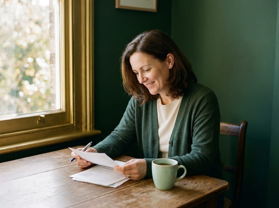 A woman at a desk by a window reading a printed document with a pen in her hand