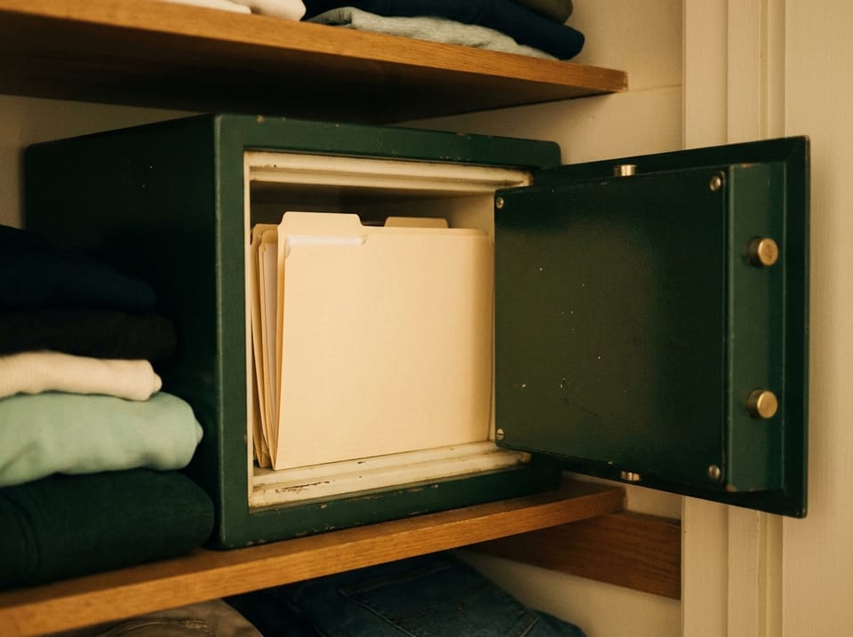 A small document safe on a closet shelf, door ajar with neat folders inside