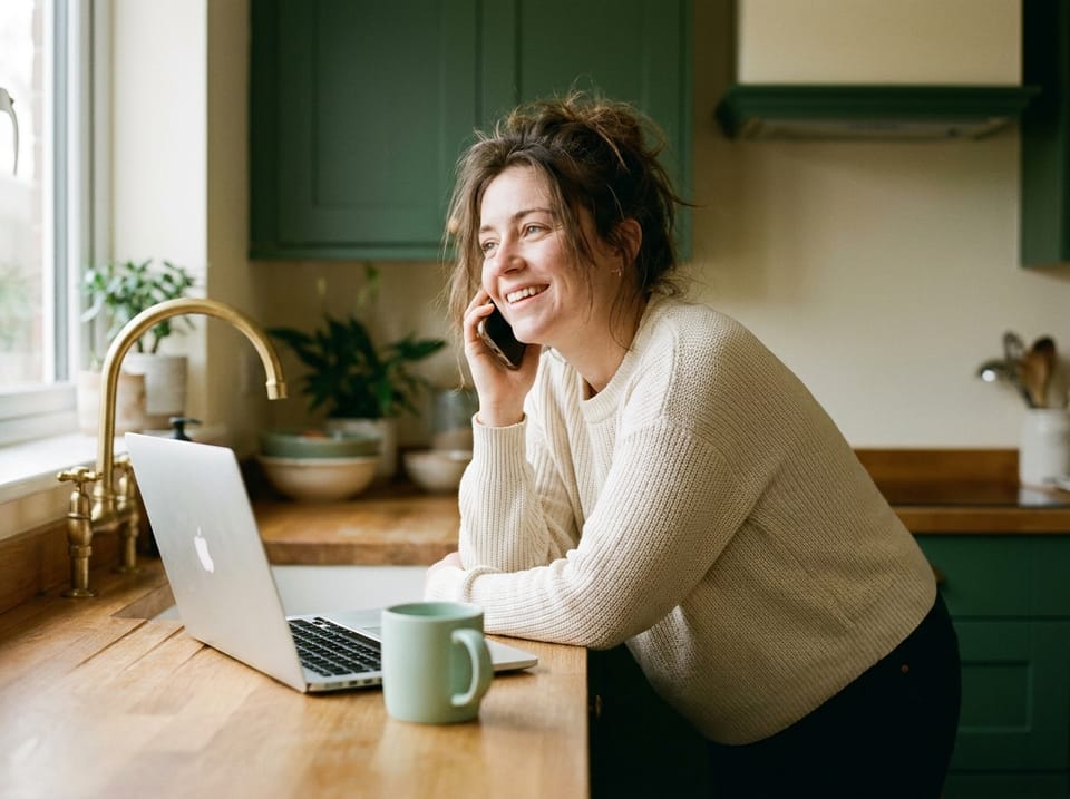 A woman at a kitchen counter on a phone call, smiling, laptop open