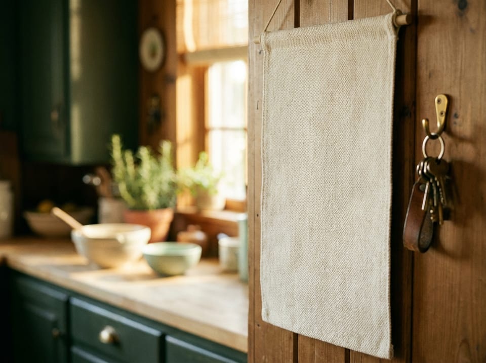 A kitchen wall calendar and keys in warm afternoon light