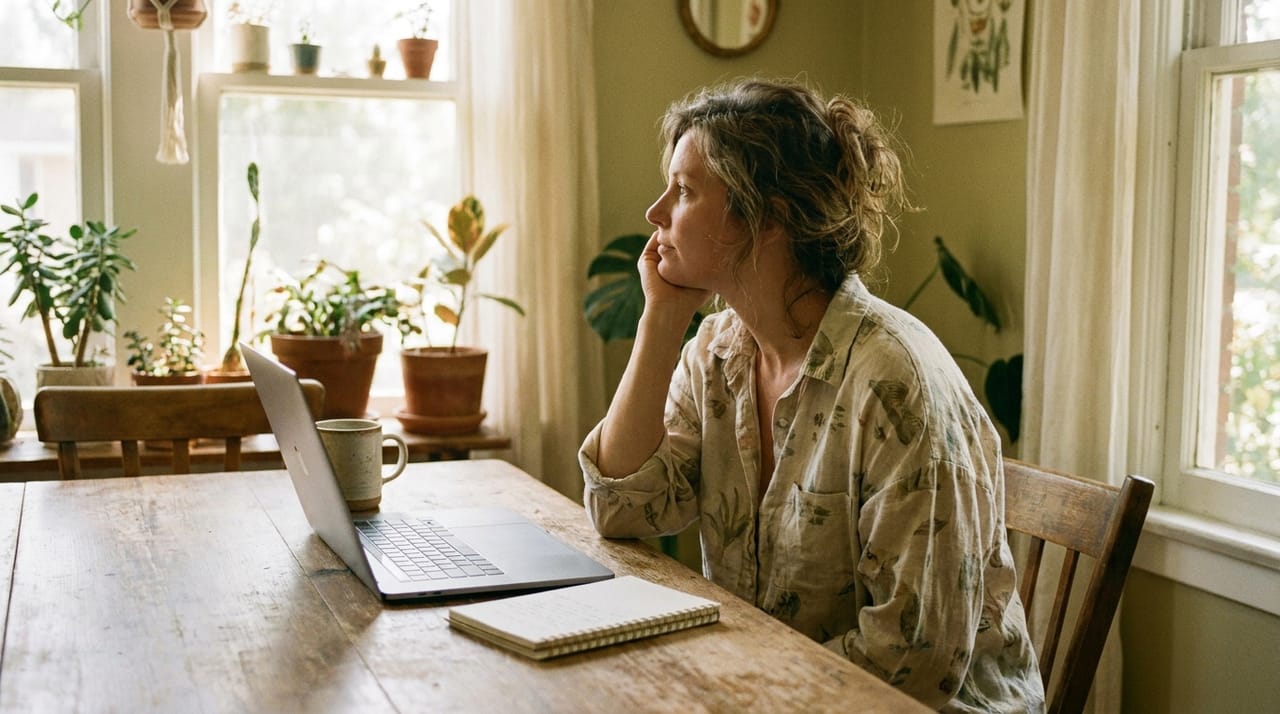 A woman at a dining table pausing thoughtfully over her laptop
